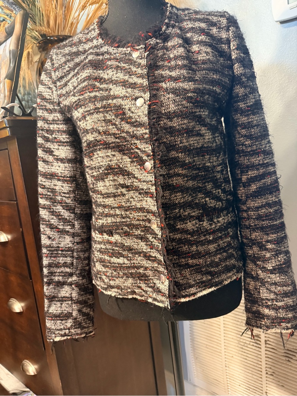 Isabel Marant ETOILE Cropped Knit Tweed Jacket in Black, Cream & Red Accents
